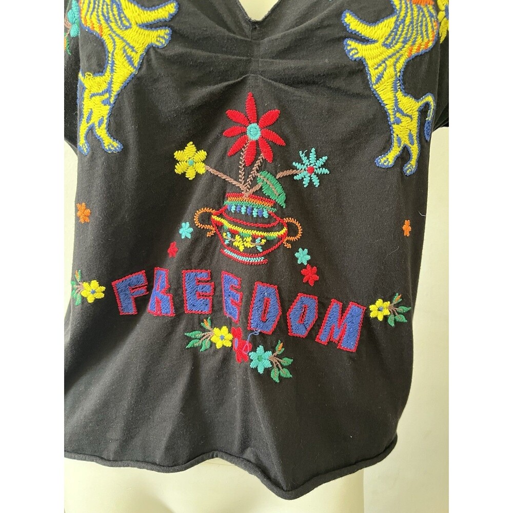 Johnny Was Black V-Neck Short Sleeve Tee with Multicolor Embroidery - Picture 2 of 7